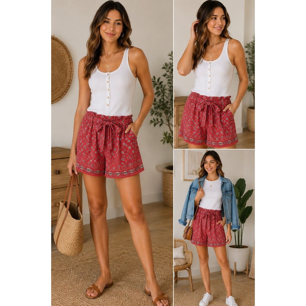 Max Studio Red Floral M Boho Cottagecor Paperbag Waist Shorts Tie Belt Pockets